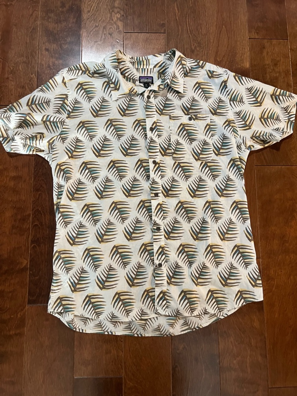 Patagonia Short-Sleeve Button-Up Shirt - Ivory with Green and Tan Palm Print